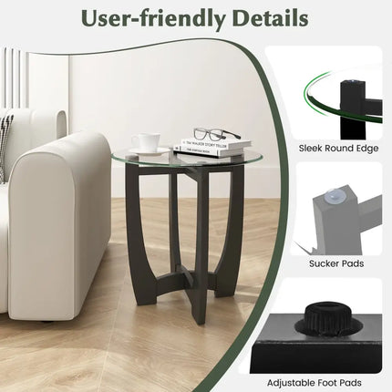 23.5 Inch Round End Side Table with Tempered Glass Tabletop-Black Costway