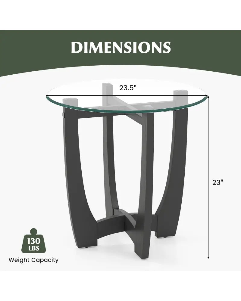 23.5 Inch Round End Side Table with Tempered Glass Tabletop-Black - Black - End & Side Tables