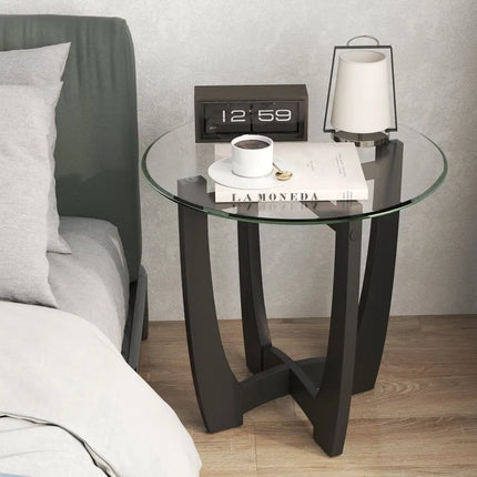 23.5 Inch Round End Side Table with Tempered Glass Tabletop-Black Costway