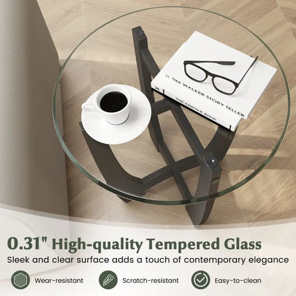 23.5 Inch Round End Side Table with Tempered Glass Tabletop-Black Costway