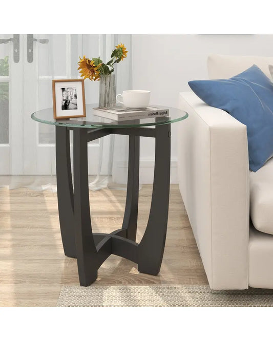 23.5 Inch Round End Side Table with Tempered Glass Tabletop-Black - Black - End & Side Tables