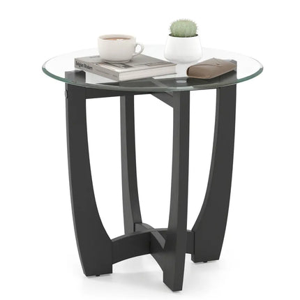 23.5 Inch Round End Side Table with Tempered Glass Tabletop-Black Costway