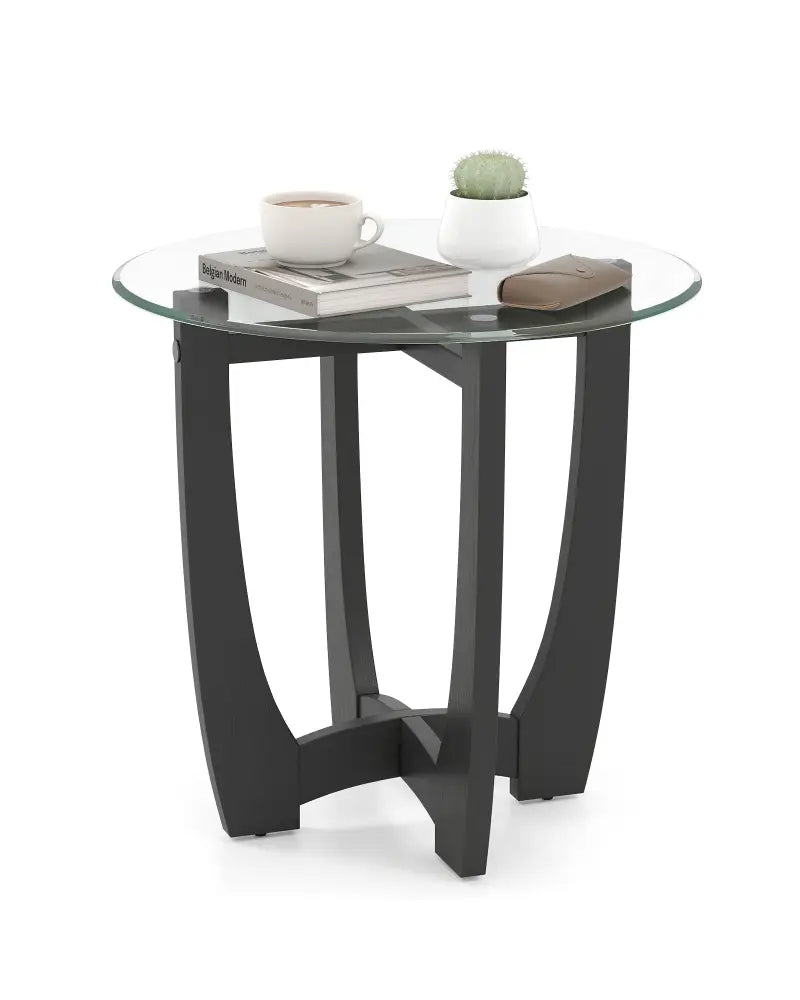 23.5 Inch Round End Side Table with Tempered Glass Tabletop-Black - Black - End & Side Tables