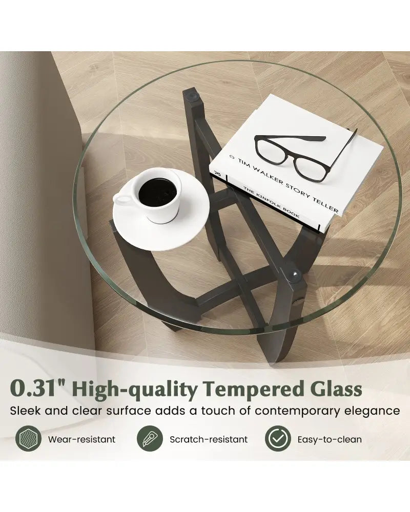 23.5 Inch Round End Side Table with Tempered Glass Tabletop-Black - Black - End & Side Tables