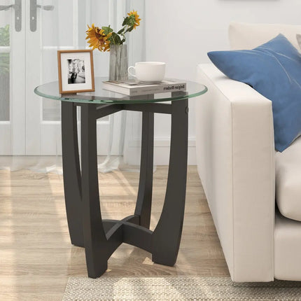 23.5 Inch Round End Side Table with Tempered Glass Tabletop-Black Costway