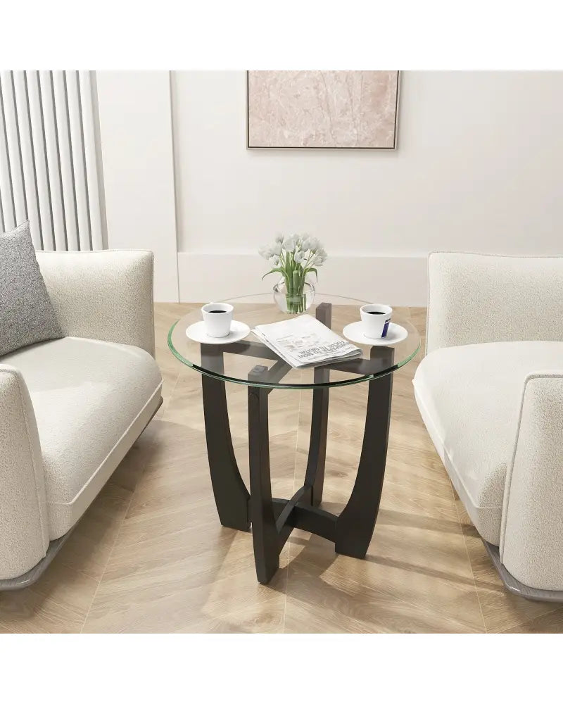 23.5 Inch Round End Side Table with Tempered Glass Tabletop-Black - Black - End & Side Tables