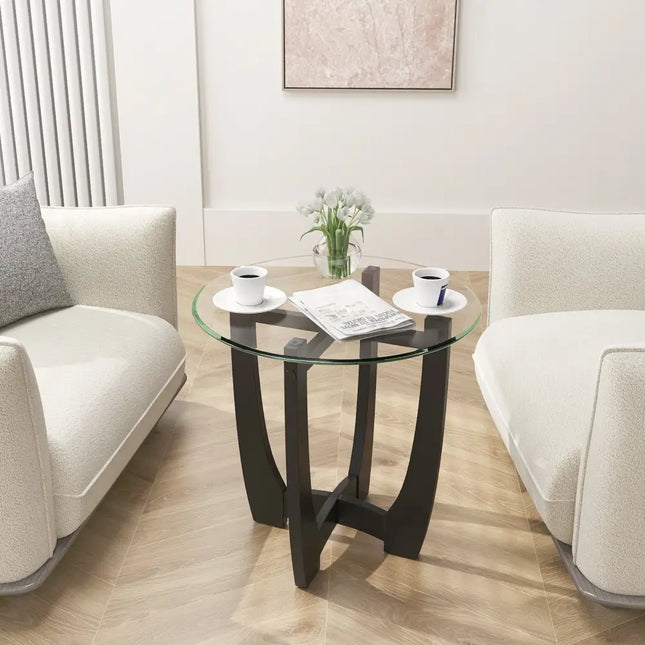 23.5 Inch Round End Side Table with Tempered Glass Tabletop-Black Costway