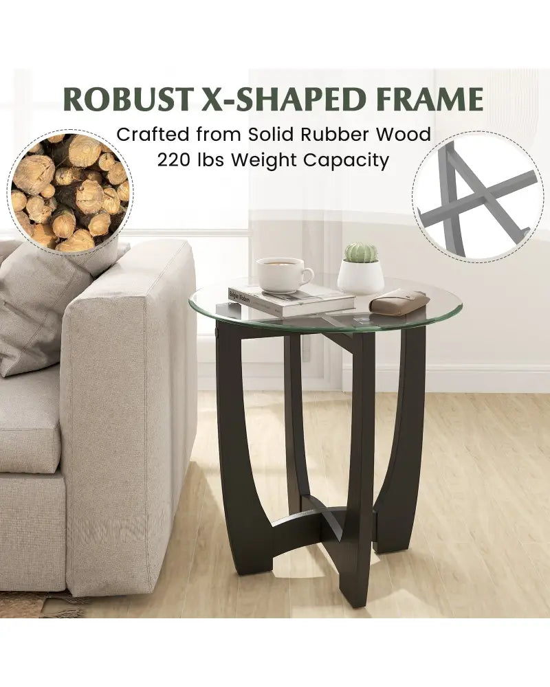 23.5 Inch Round End Side Table with Tempered Glass Tabletop-Black - Black - End & Side Tables
