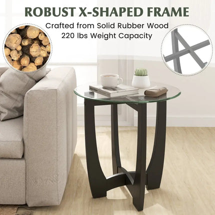 23.5 Inch Round End Side Table with Tempered Glass Tabletop-Black Costway