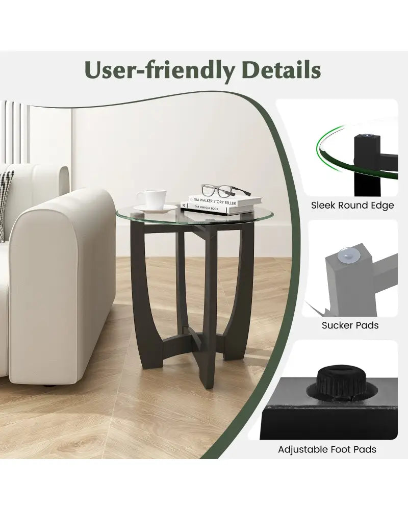 23.5 Inch Round End Side Table with Tempered Glass Tabletop-Black - Black - End & Side Tables