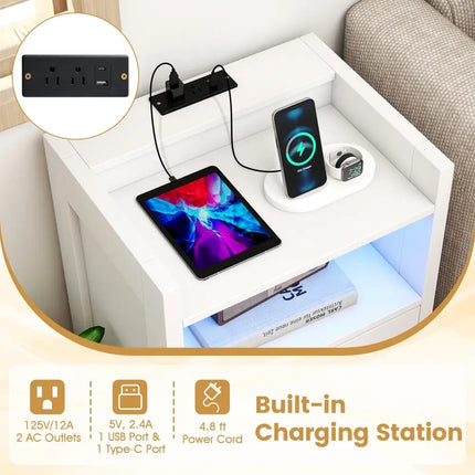 23.5 Inches Nightstand with Charging Station and Open Storage Shelf-White Costway