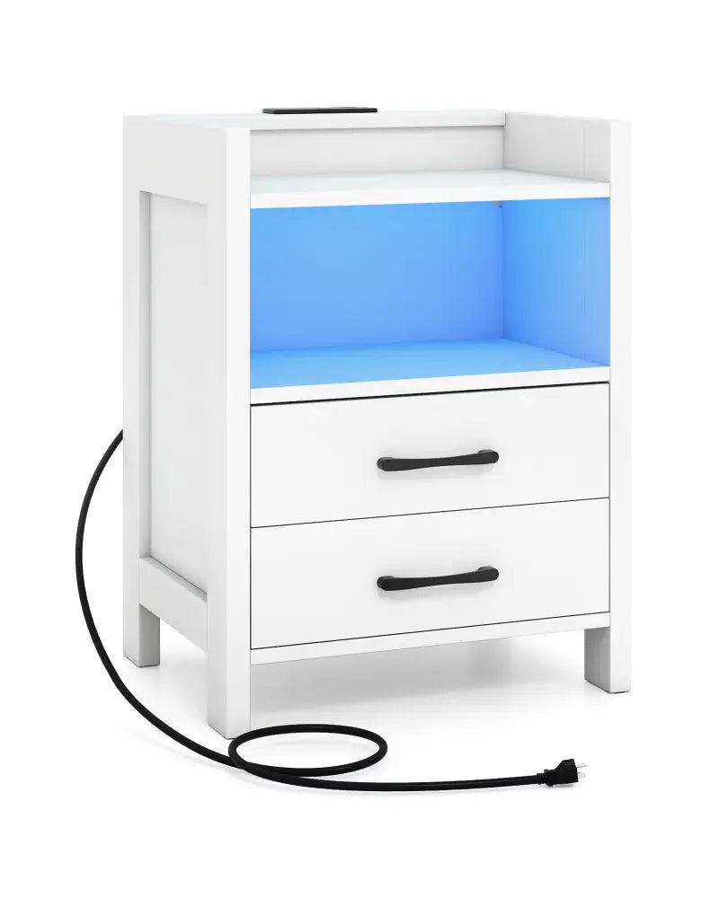 23.5 Inches Nightstand with Charging Station and Open Storage Shelf-White - White - End & Side Tables