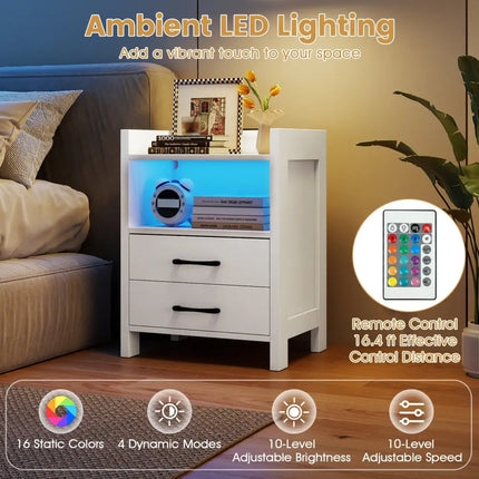 23.5 Inches Nightstand with Charging Station and Open Storage Shelf-White Costway