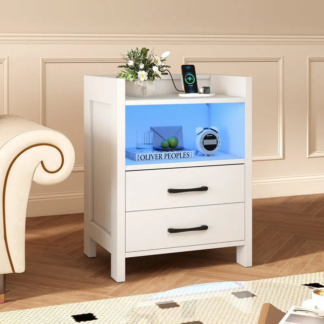 23.5 Inches Nightstand with Charging Station and Open Storage Shelf-White Costway