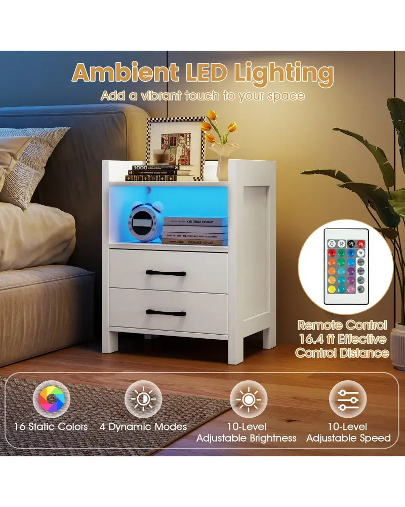 23.5 Inches Nightstand with Charging Station and Open Storage Shelf-White - White - End & Side Tables