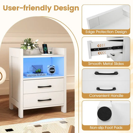 23.5 Inches Nightstand with Charging Station and Open Storage Shelf-White Costway