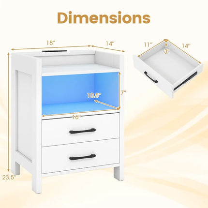 23.5 Inches Nightstand with Charging Station and Open Storage Shelf-White Costway