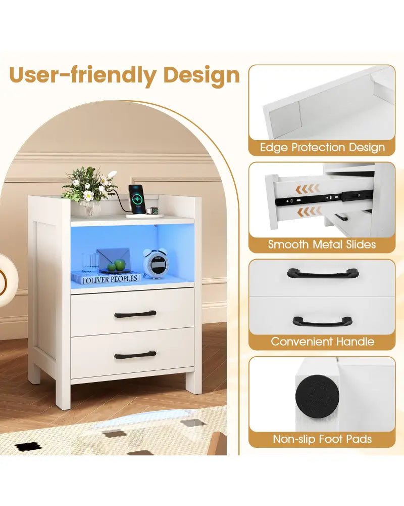 23.5 Inches Nightstand with Charging Station and Open Storage Shelf-White - White - End & Side Tables