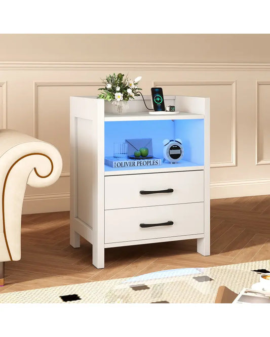 23.5 Inches Nightstand with Charging Station and Open Storage Shelf-White - White - End & Side Tables