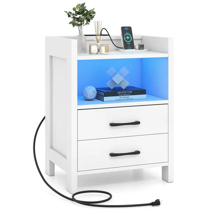 23.5 Inches Nightstand with Charging Station and Open Storage Shelf-White Costway