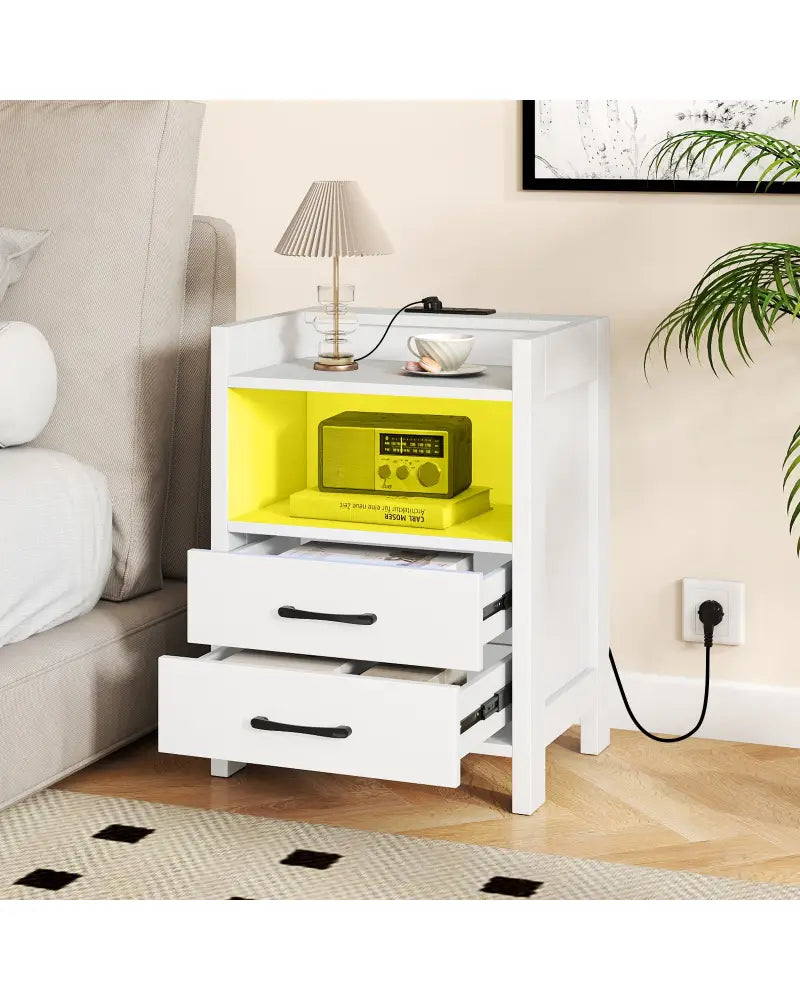 23.5 Inches Nightstand with Charging Station and Open Storage Shelf-White - White - End & Side Tables