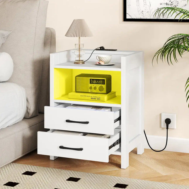 23.5 Inches Nightstand with Charging Station and Open Storage Shelf-White Costway