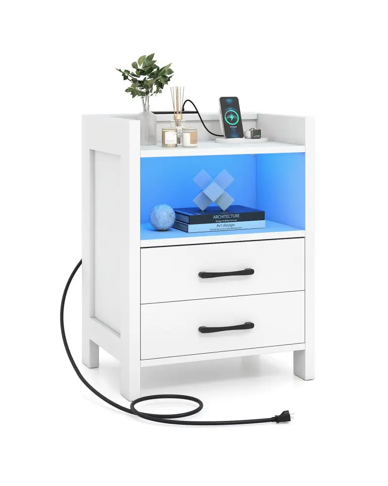 23.5 Inches Nightstand with Charging Station and Open Storage Shelf-White - White - End & Side Tables