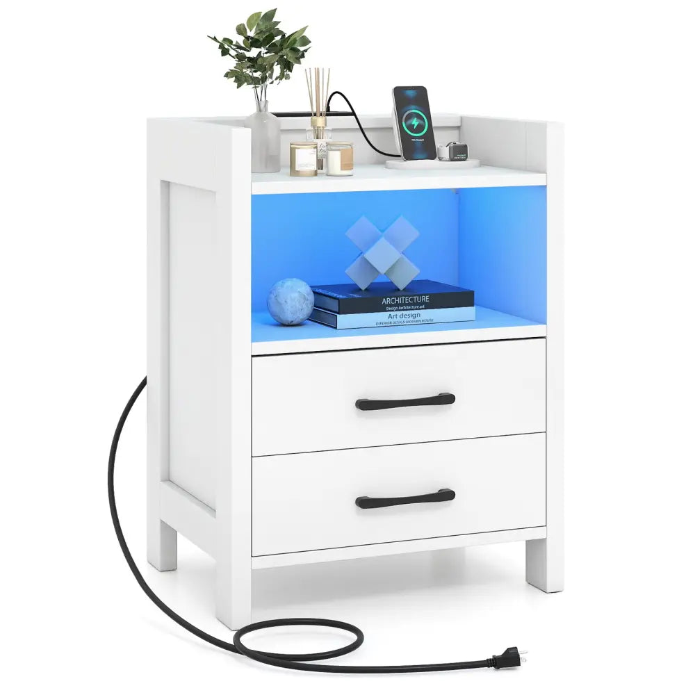 23.5 Inches Nightstand with Charging Station and Open Storage Shelf-White - White - End & Side Tables