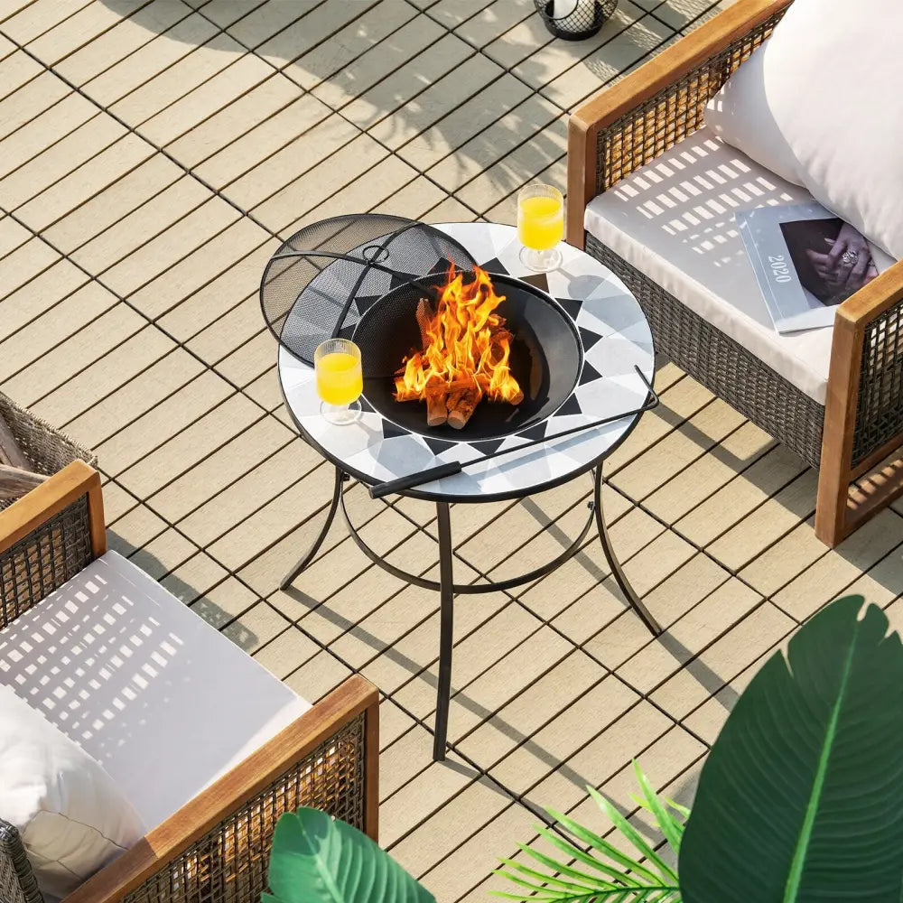 23.5 Inches Round Fire Pit Table with Mesh Cover and Fire Poker - Black - Fire Pit Tables