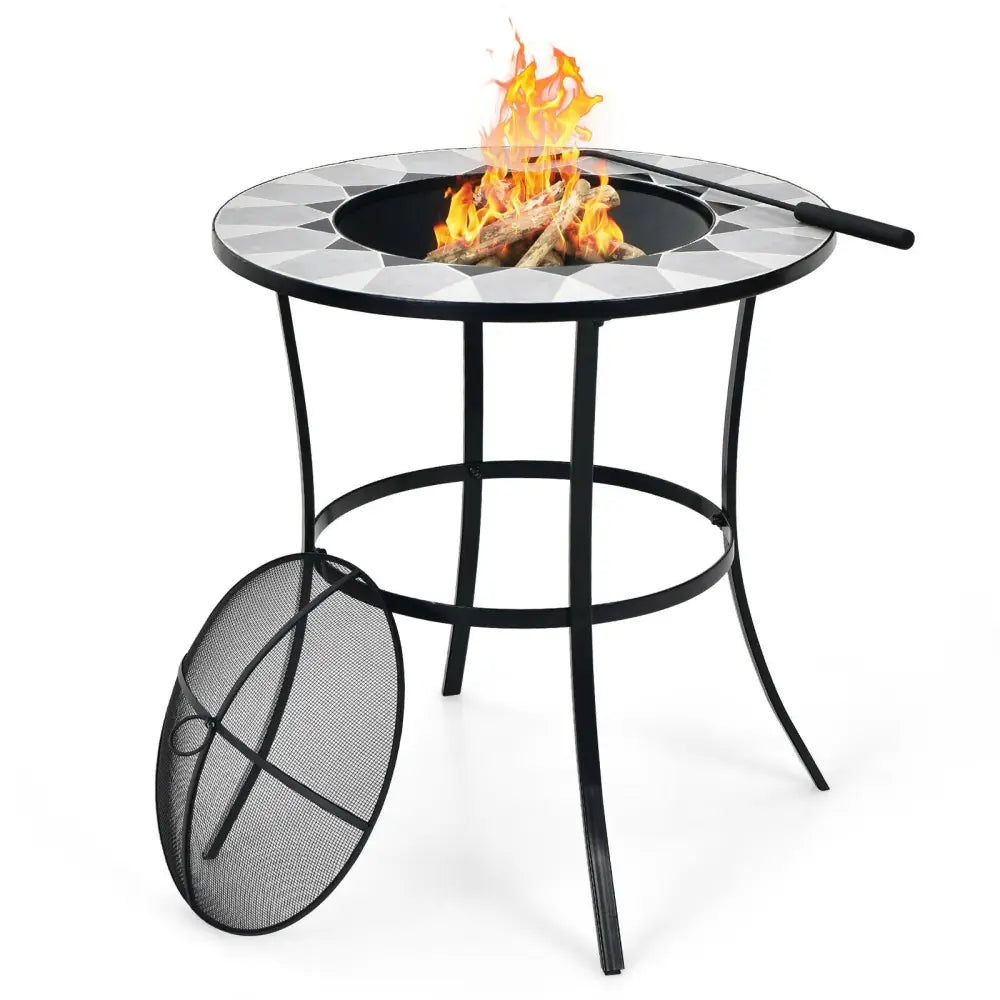 23.5 Inches Round Fire Pit Table with Mesh Cover and Fire Poker - Black - Fire Pit Tables
