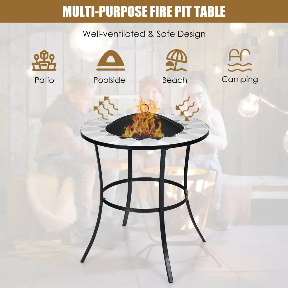 23.5 Inches Round Fire Pit Table with Mesh Cover and Fire Poker - Black - Fire Pit Tables