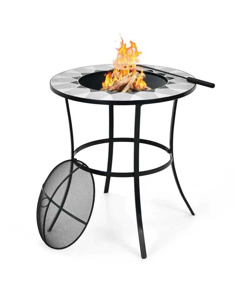 23.5 Inches Round Fire Pit Table with Mesh Cover and Fire Poker - Black - Fire Pit Tables
