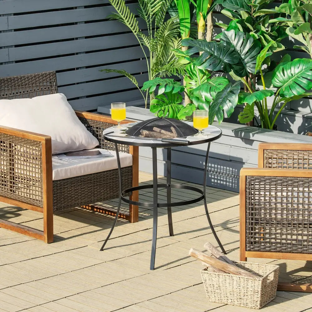 23.5 Inches Round Fire Pit Table with Mesh Cover and Fire Poker - Black - Fire Pit Tables