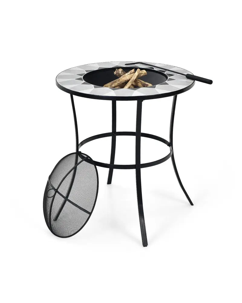 23.5 Inches Round Fire Pit Table with Mesh Cover and Fire Poker - Black - Fire Pit Tables