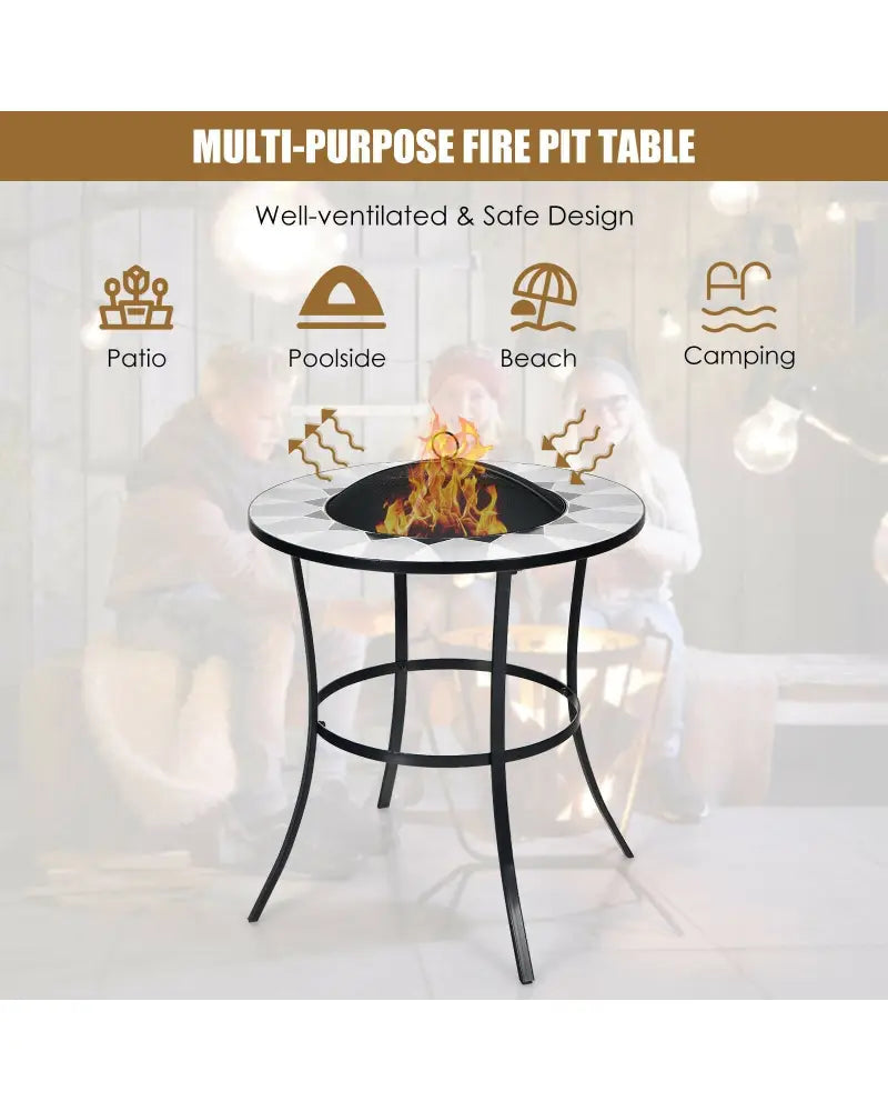 23.5 Inches Round Fire Pit Table with Mesh Cover and Fire Poker - Black - Fire Pit Tables