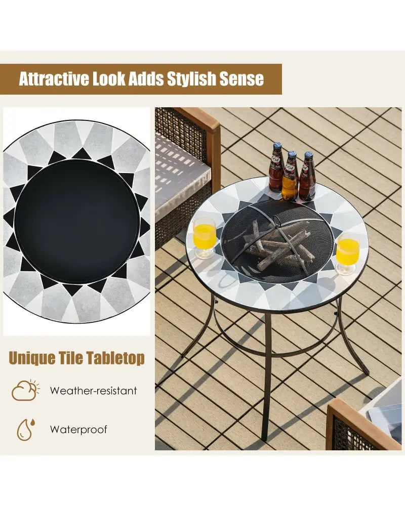 23.5 Inches Round Fire Pit Table with Mesh Cover and Fire Poker - Black - Fire Pit Tables