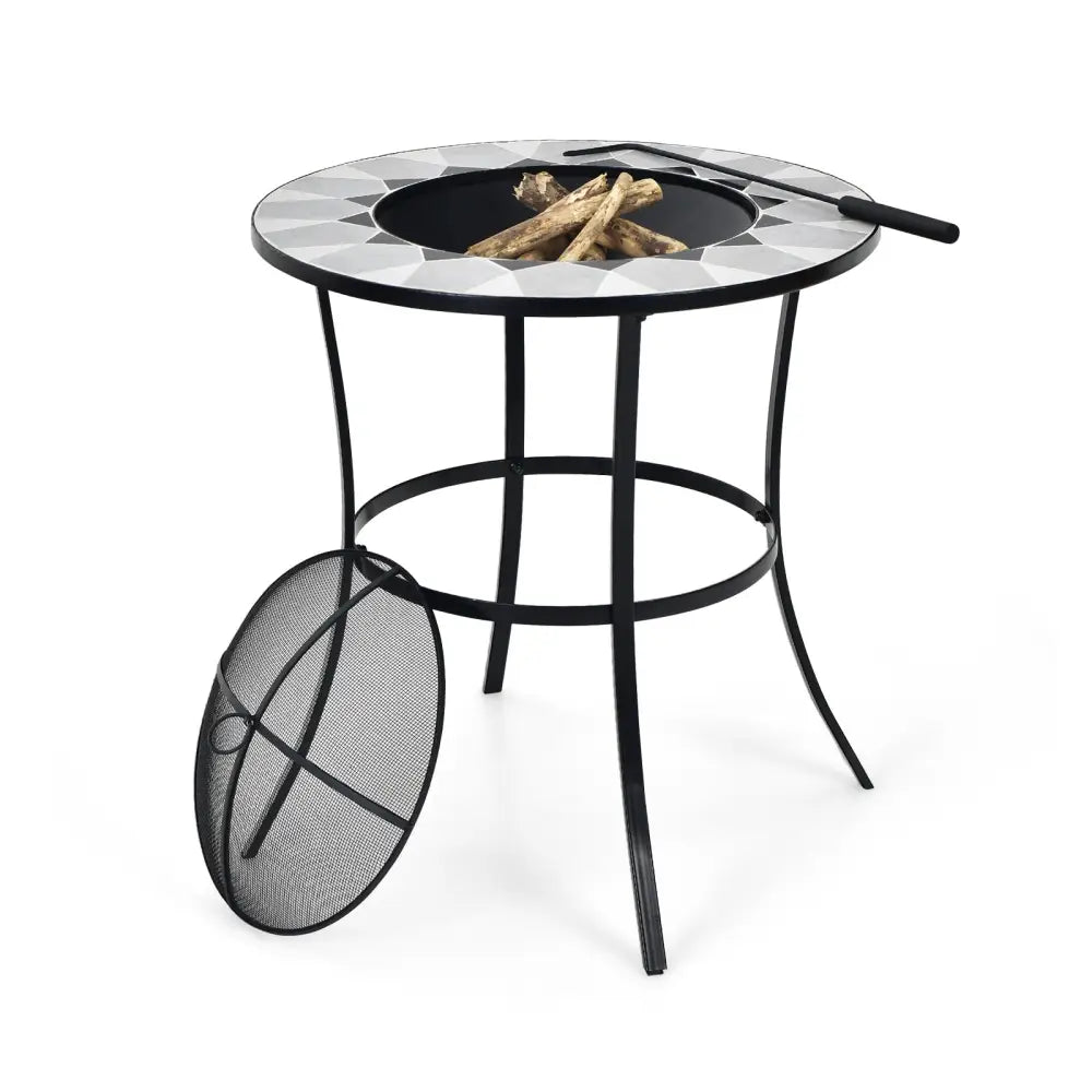 23.5 Inches Round Fire Pit Table with Mesh Cover and Fire Poker - Black - Fire Pit Tables