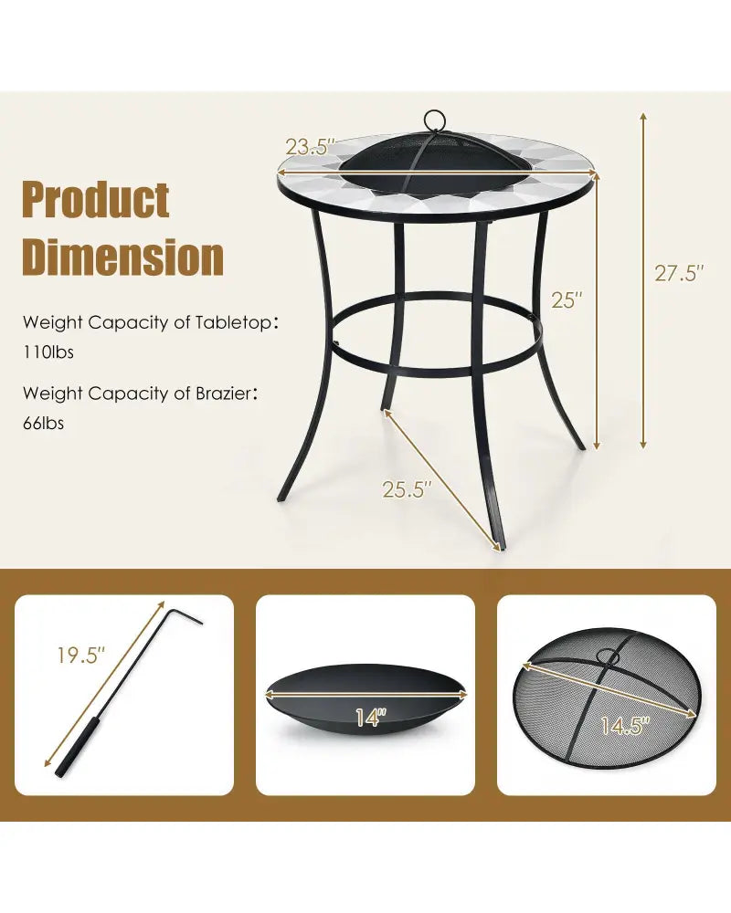 23.5 Inches Round Fire Pit Table with Mesh Cover and Fire Poker - Black - Fire Pit Tables
