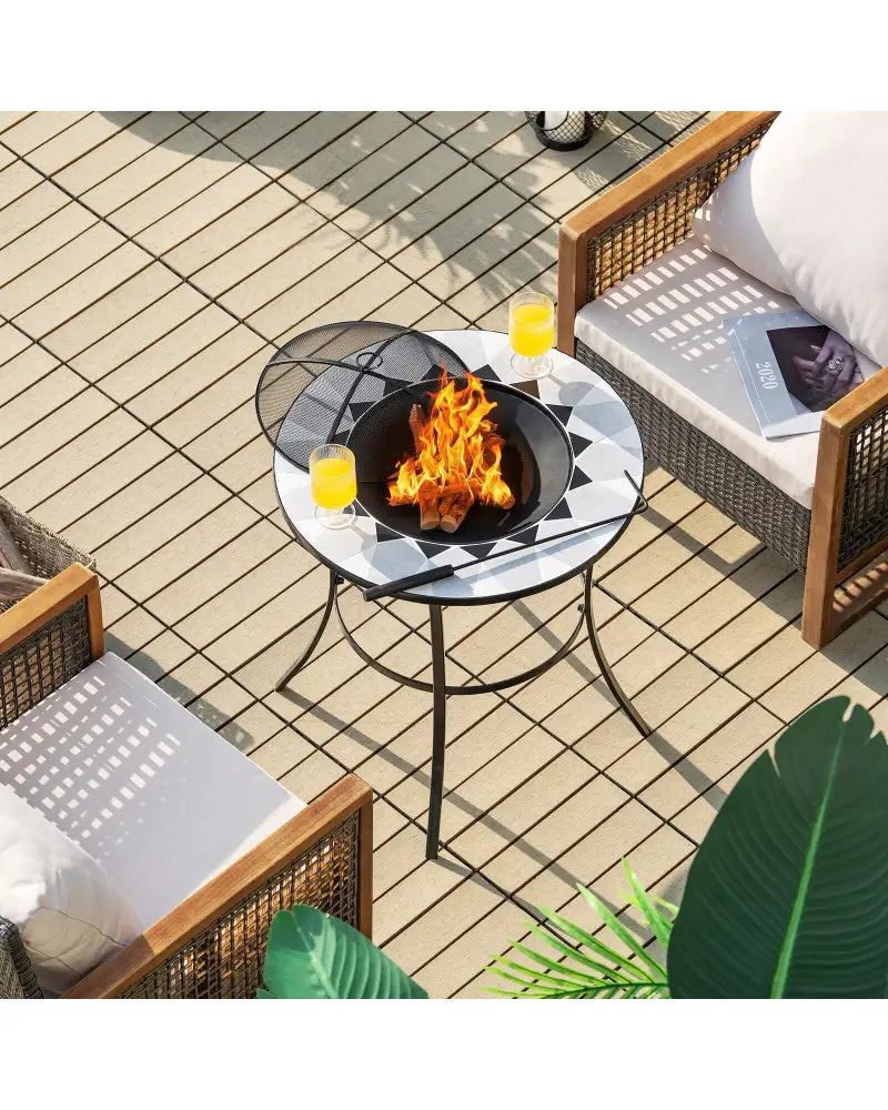 23.5 Inches Round Fire Pit Table with Mesh Cover and Fire Poker - Black - Fire Pit Tables