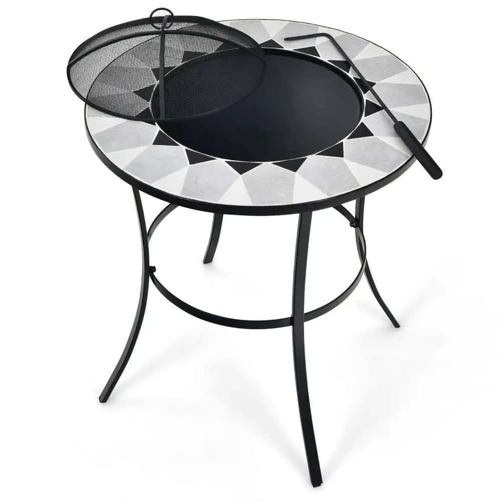 23.5 Inches Round Fire Pit Table with Mesh Cover and Fire Poker - Black - Fire Pit Tables
