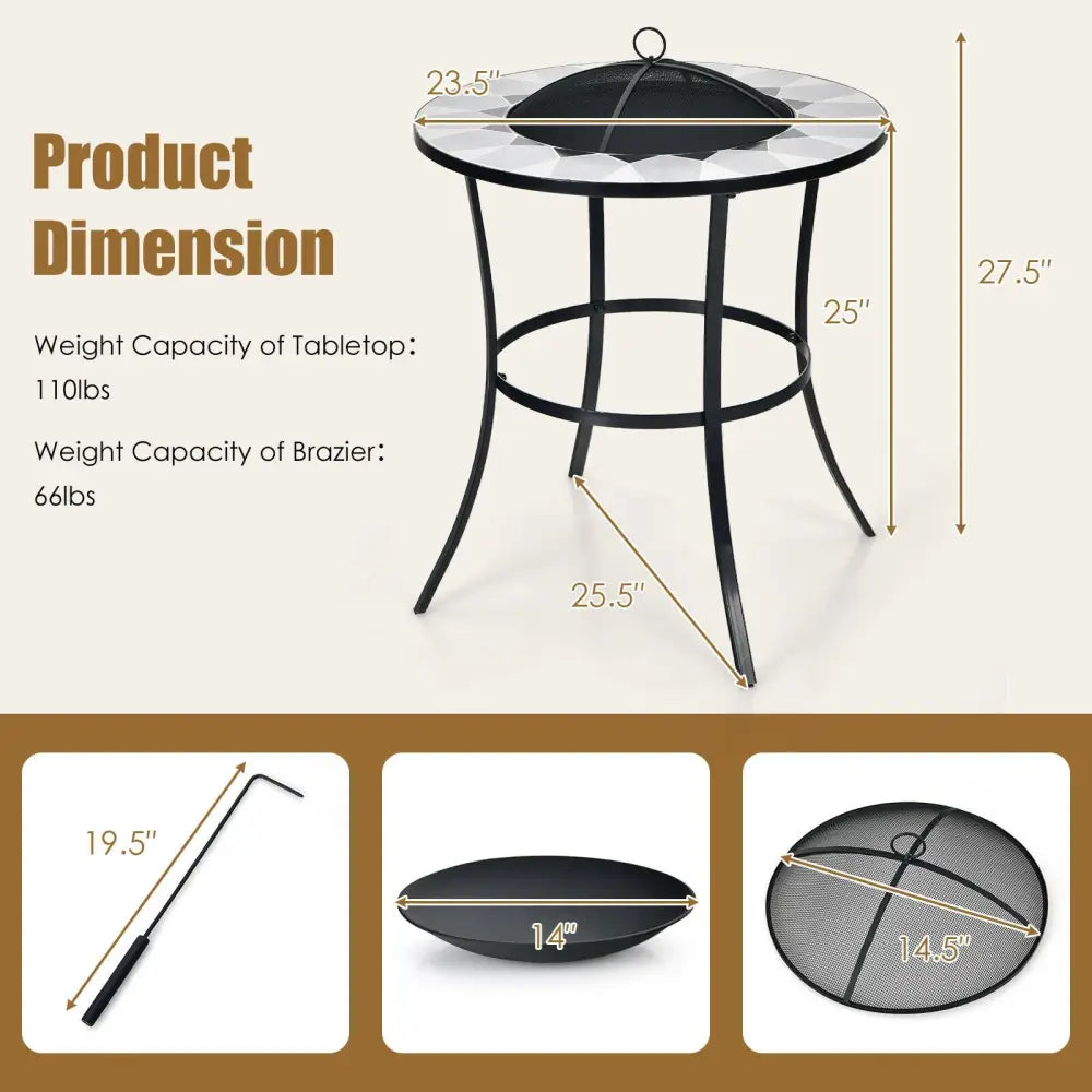 23.5 Inches Round Fire Pit Table with Mesh Cover and Fire Poker - Black - Fire Pit Tables