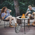 23.5 Inches Round Fire Pit Table with Mesh Cover and Fire Poker - Black - Fire Pit Tables