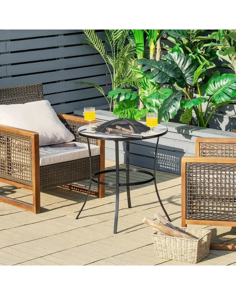 23.5 Inches Round Fire Pit Table with Mesh Cover and Fire Poker - Black - Fire Pit Tables