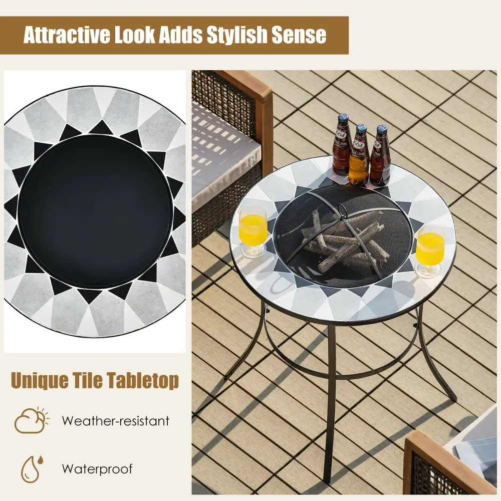 23.5 Inches Round Fire Pit Table with Mesh Cover and Fire Poker - Black - Fire Pit Tables