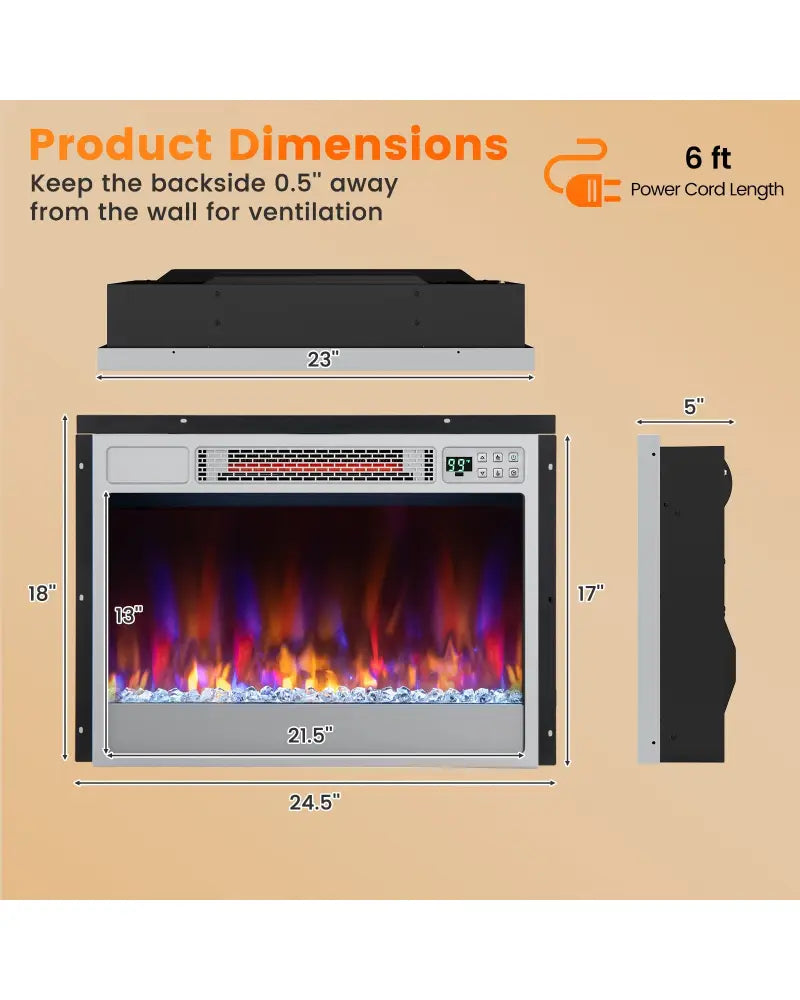 23 Inch 1500W Recessed Electric Fireplace Insert with Remote Control-Silver - Silver - Fireplaces