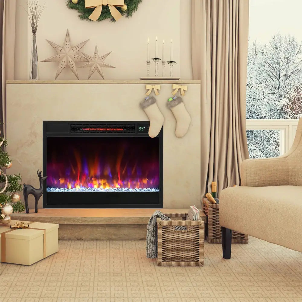 23 Inch 1500W Recessed Electric Fireplace Insert with Remote Control-Black - Black - Fireplaces