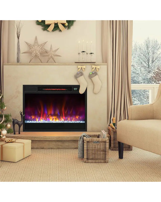 23 Inch 1500W Recessed Electric Fireplace Insert with Remote Control-Black - Black - Fireplaces