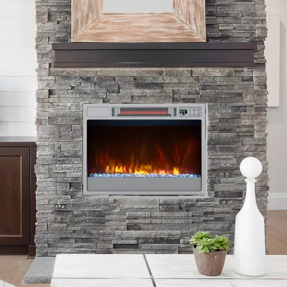 23 Inch 1500W Recessed Electric Fireplace Insert with Remote Control-Silver - Silver - Fireplaces