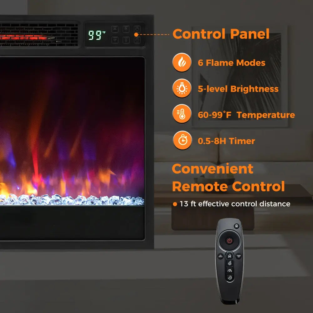 23 Inch 1500W Recessed Electric Fireplace Insert with Remote Control-Black - Black - Fireplaces