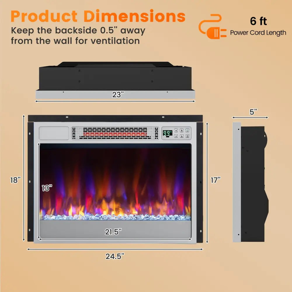 23 Inch 1500W Recessed Electric Fireplace Insert with Remote Control-Silver - Silver - Fireplaces